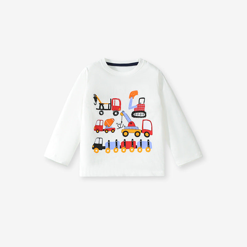Conjunto de Ropa de Top de Manga Larga con Estampado de Vehículos de Dibujos Animados y Pantalones de Color Liso para Niños de Primavera y Otoño
