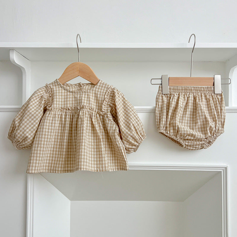 Conjunto de ropa para bebé niña, top de manga larga a cuadros y braguita, de venta en otoño
