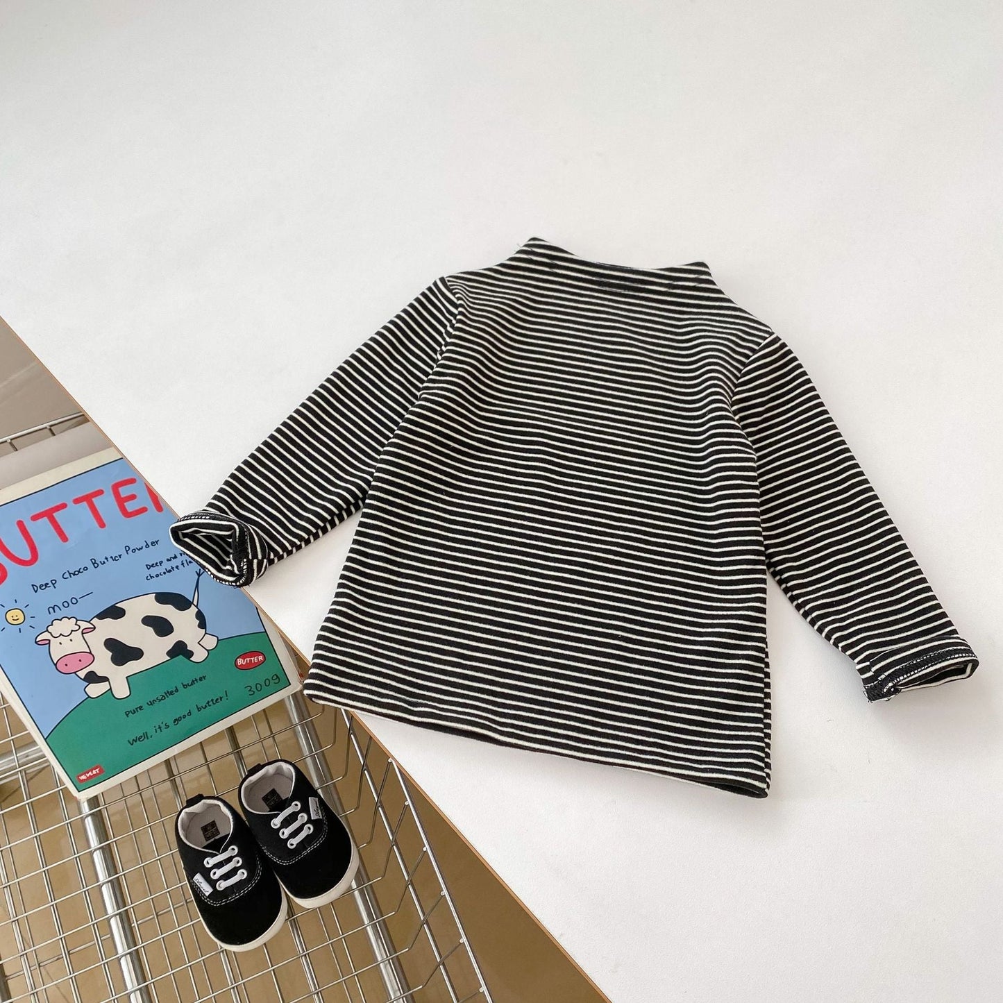 Top de cuello alto a rayas de manga larga unisex para bebés y niños (otoño)