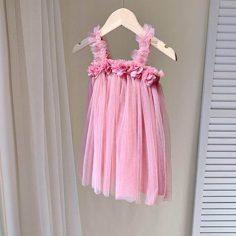 Vestido de verano sin mangas de malla con flores en 3D para bebés y niñas