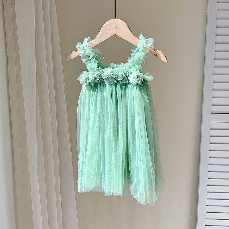 Vestido de verano sin mangas de malla con flores en 3D para bebés y niñas