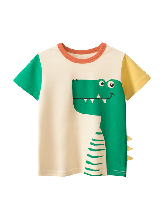 Camiseta de manga corta con estampado de dinosaurio de dibujos animados, retales de colores y estilo europeo y americano para niños