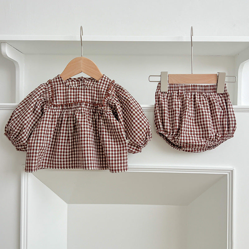 Conjunto de ropa para bebé niña, top de manga larga a cuadros y braguita, de venta en otoño