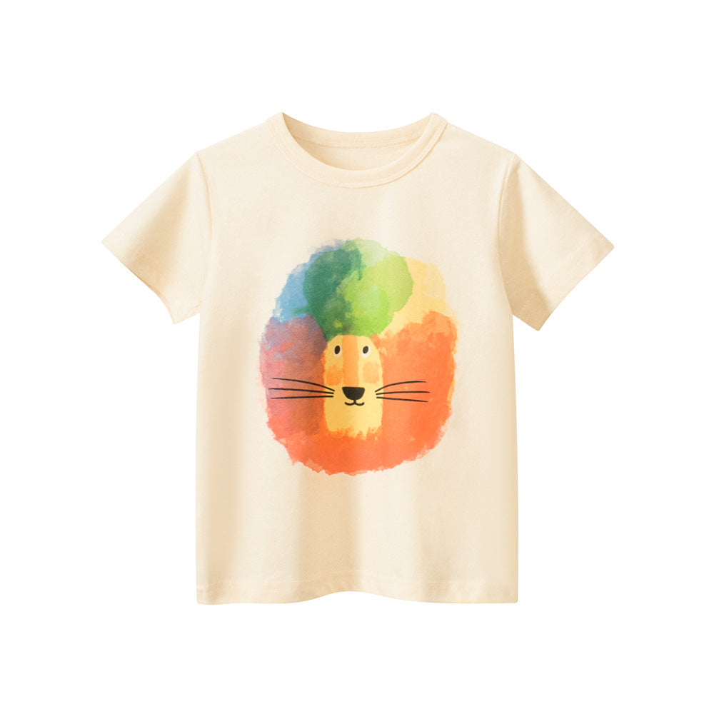 Camiseta de manga corta para niños con diseño de león colorido, estilo europeo y americano