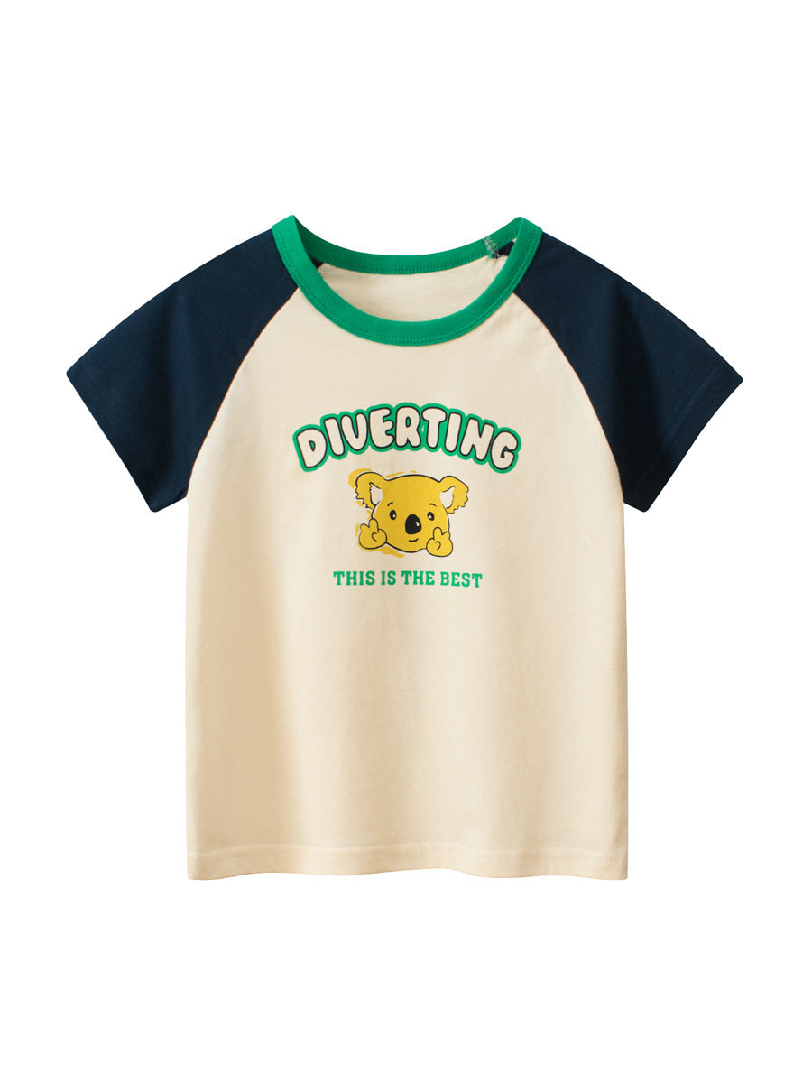 Camiseta de niño con estampado de koala de dibujos animados y retazos de color, estilo europeo y americano