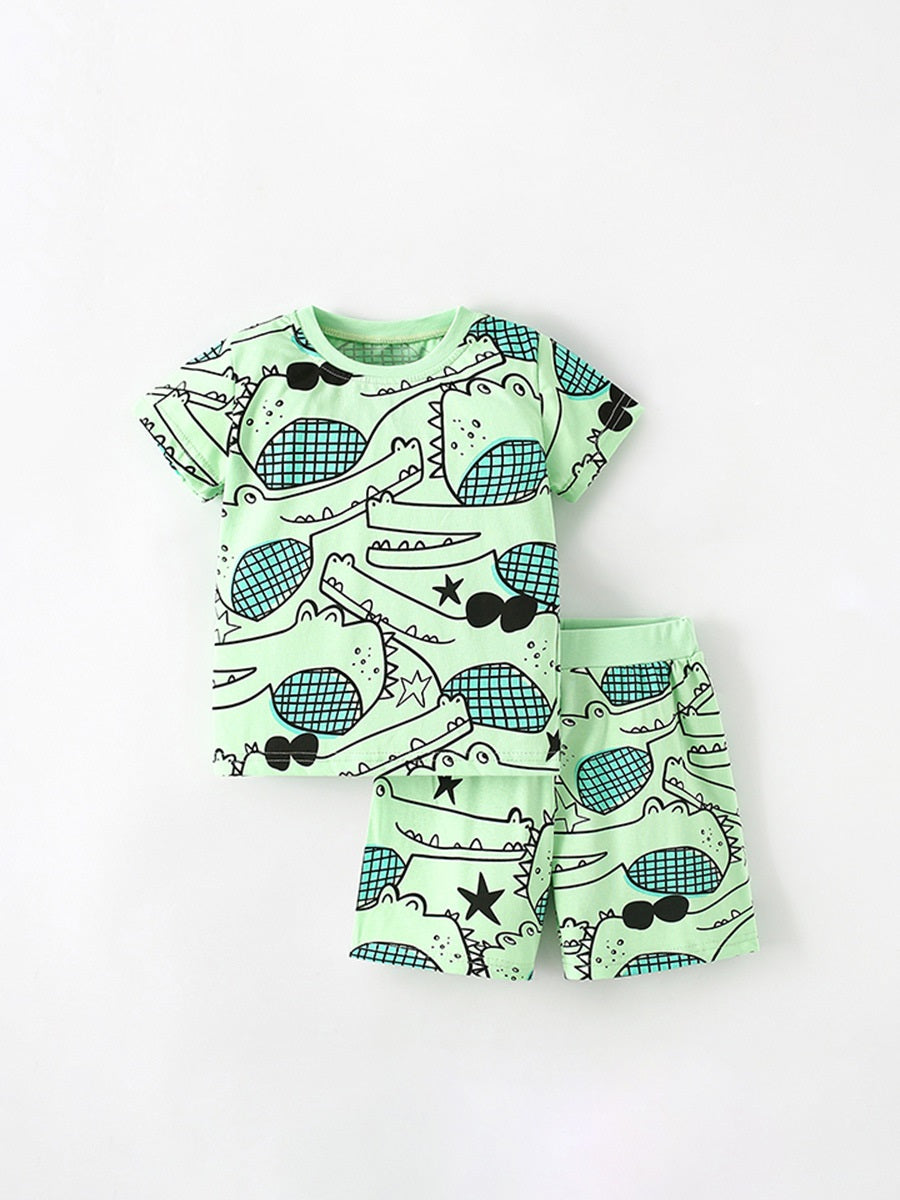 Conjunto de ropa casual de verano para bebés, niños y niñas, con estampado de dibujos animados de animales de cocodrilo, camiseta de manga corta y pantalones cortos