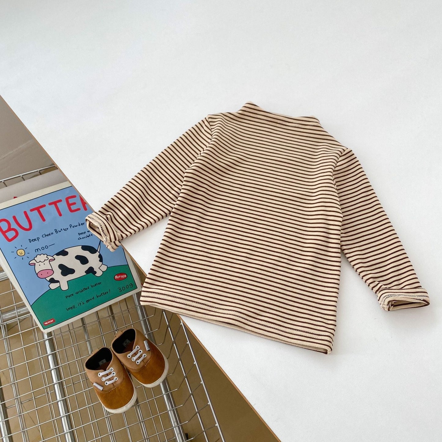 Top de cuello alto a rayas de manga larga unisex para bebés y niños (otoño)