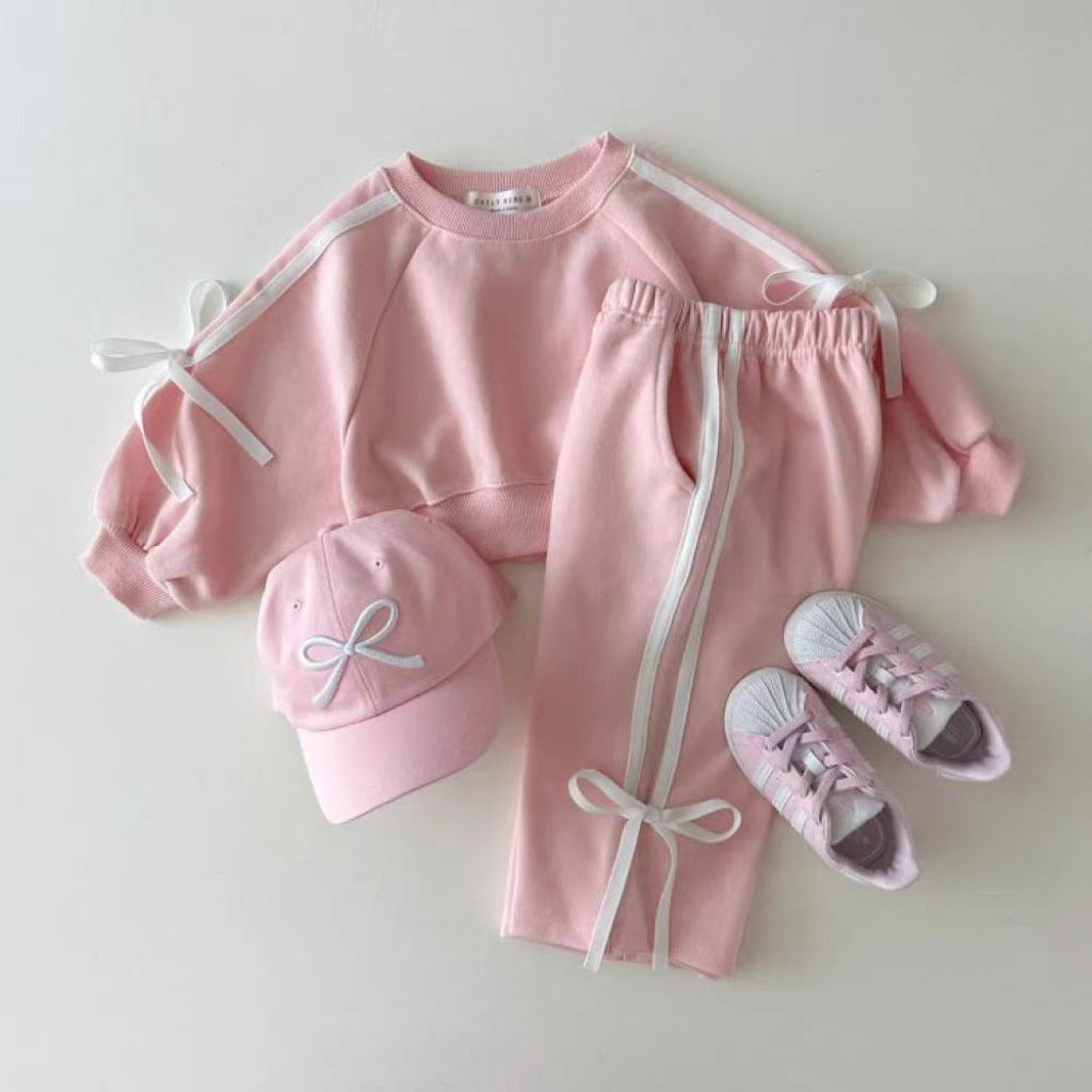 Conjunto de ropa de otoño para bebés y niñas, suéter y pantalones con lazos informales