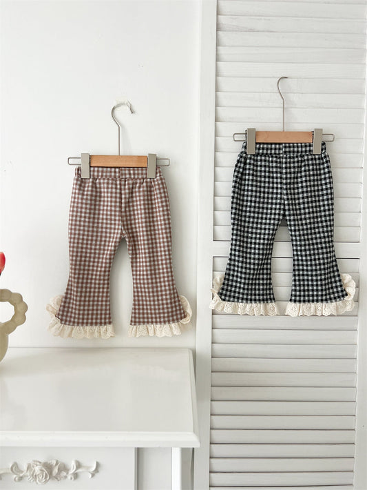 Arrival Autumn Baby Kids Girls Cheap Plaid Trousers Pants with Lace Trim