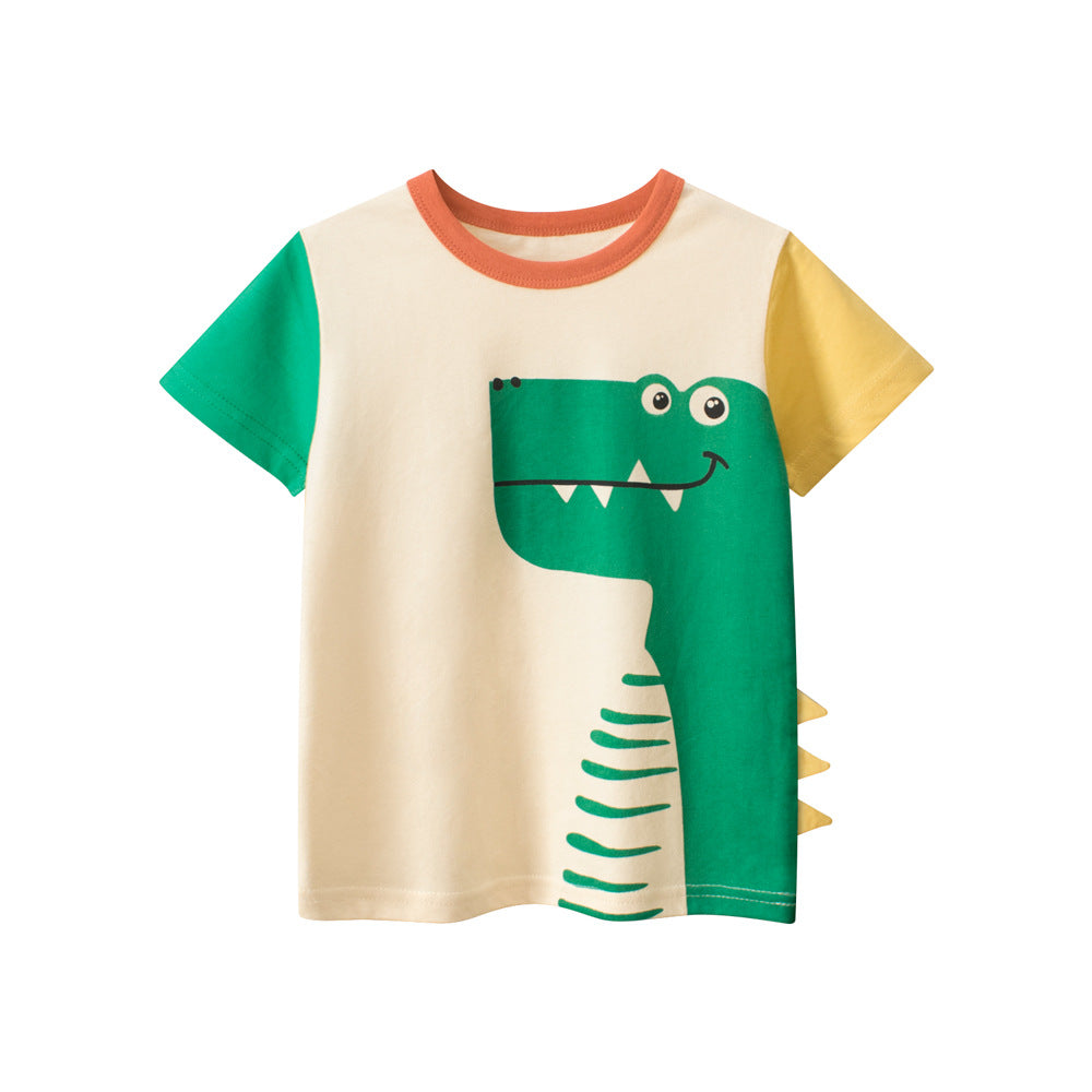 Camiseta de manga corta con estampado de dinosaurio de dibujos animados, retales de colores y estilo europeo y americano para niños