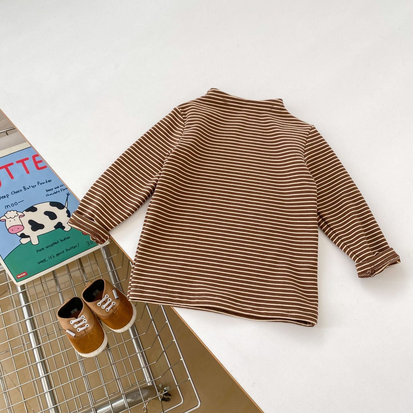 Top de cuello alto a rayas de manga larga unisex para bebés y niños (otoño)