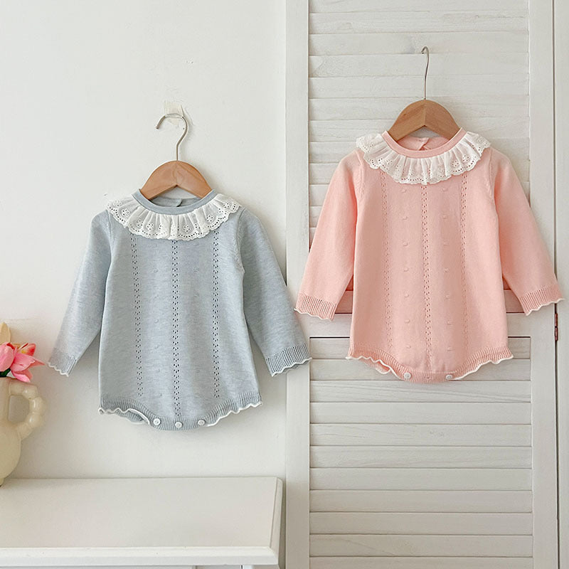 Mamelucos de manga larga con diseño otoñal para bebés, de niña, con rayas caladas y lindo cuello