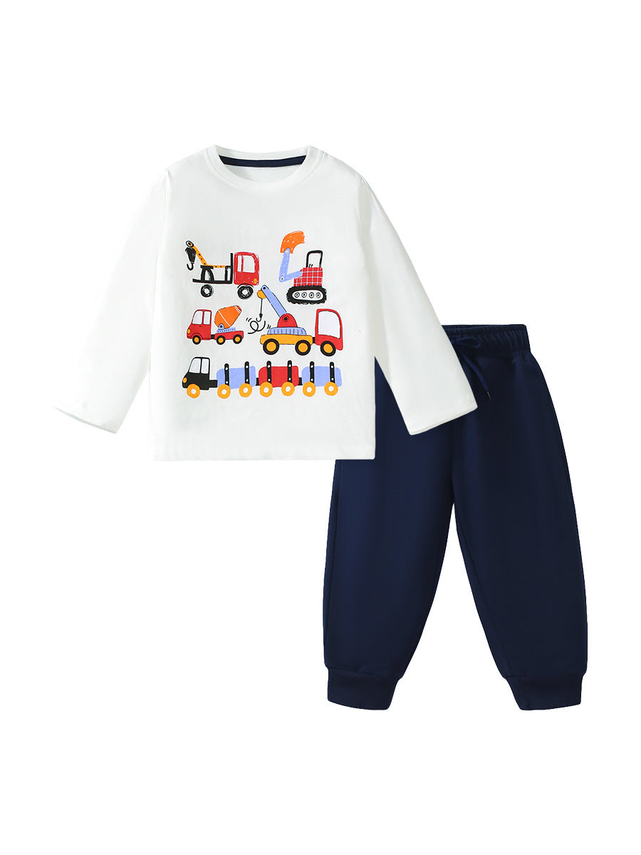 Conjunto de Ropa de Top de Manga Larga con Estampado de Vehículos de Dibujos Animados y Pantalones de Color Liso para Niños de Primavera y Otoño