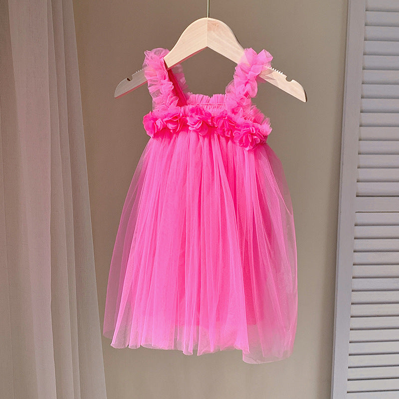 Vestido de verano sin mangas de malla con flores en 3D para bebés y niñas