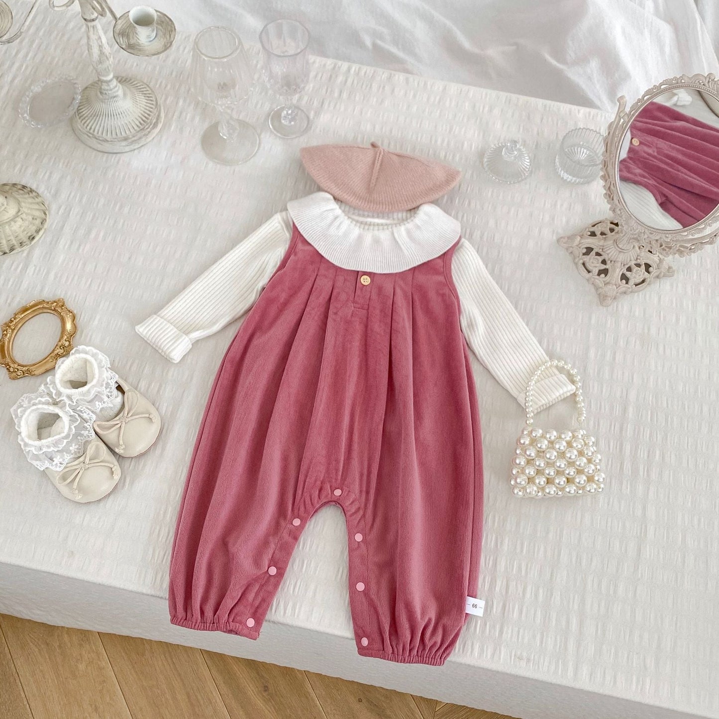 Llegada Otoño Bebés Niñas Manga Larga Color Liso Top Tejido y Peto Rosa – Conjunto de Ropa