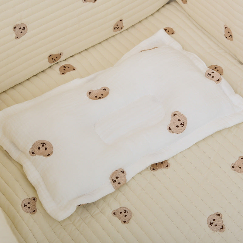 Almohada moldeada para niños, algodón de gasa transpirable y suave con bordado, almohada universal para bebé para todas las estaciones