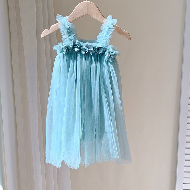 Vestido de verano sin mangas de malla con flores en 3D para bebés y niñas