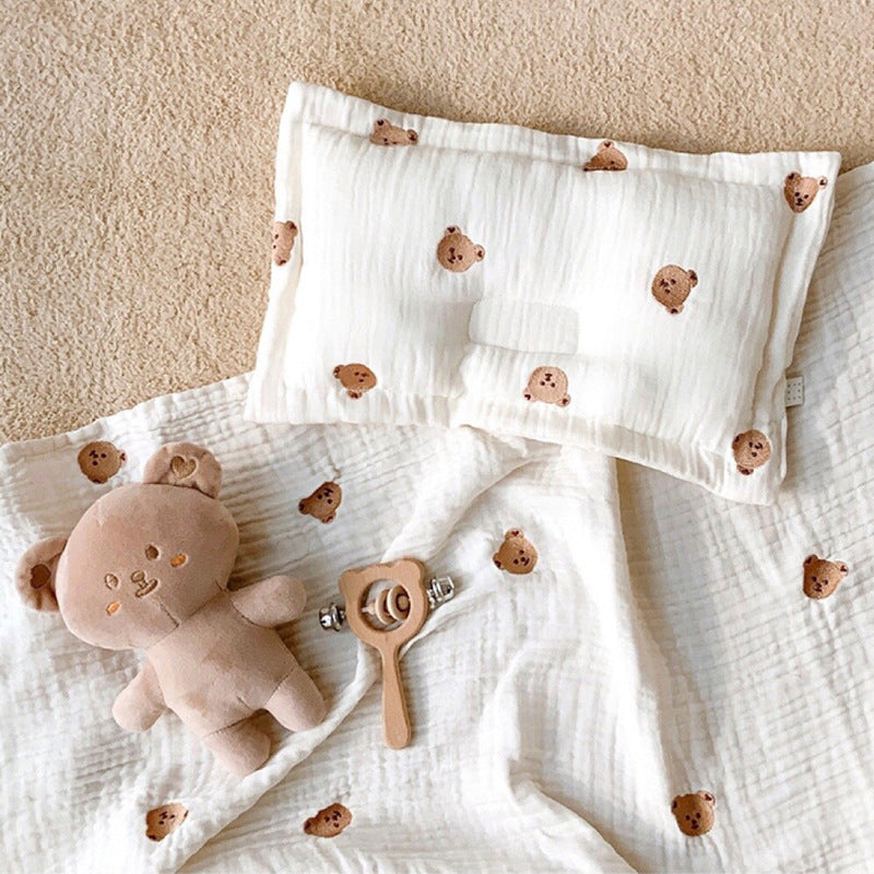 Almohada moldeada para niños, algodón de gasa transpirable y suave con bordado, almohada universal para bebé para todas las estaciones