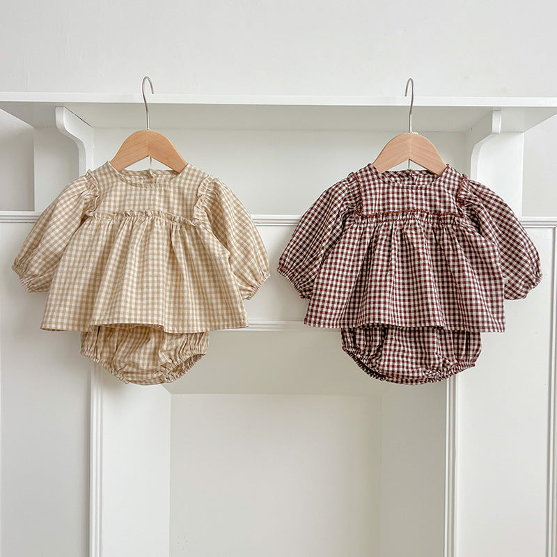 Conjunto de ropa para bebé niña, top de manga larga a cuadros y braguita, de venta en otoño