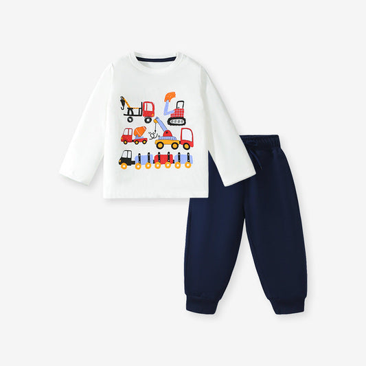 Conjunto de Ropa de Top de Manga Larga con Estampado de Vehículos de Dibujos Animados y Pantalones de Color Liso para Niños de Primavera y Otoño