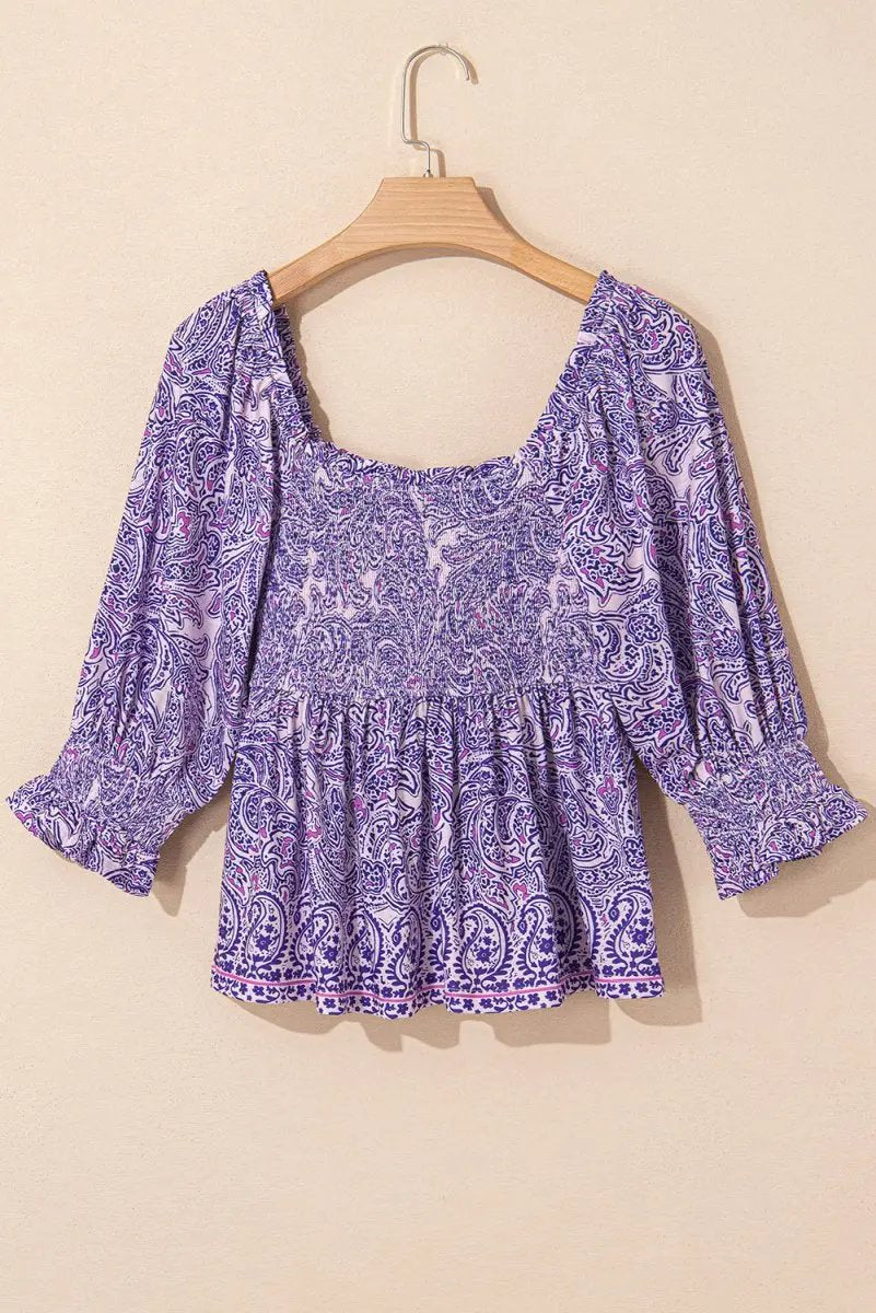 Accessories Love Salve Purple Paisley Blouse Women's Boho Summer Top - Flattering Peplum, Half Sleeve