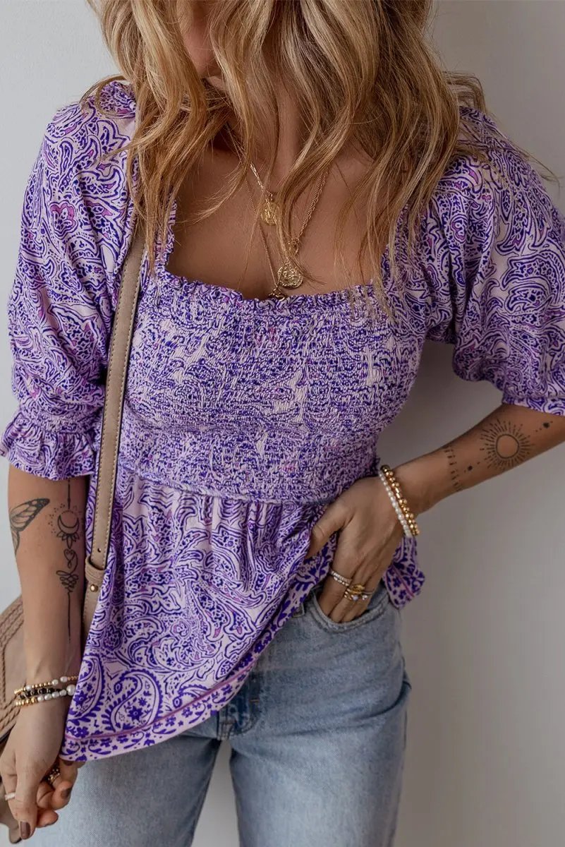 Accessories Love Salve Purple Paisley Blouse Women's Boho Summer Top - Flattering Peplum, Half Sleeve
