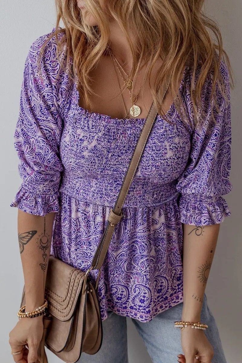 Accessories Love Salve Purple Paisley Blouse Women's Boho Summer Top - Flattering Peplum, Half Sleeve