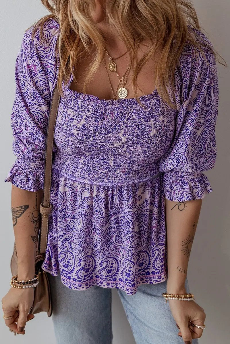 Accessories Love Salve Purple Paisley Blouse Women's Boho Summer Top - Flattering Peplum, Half Sleeve
