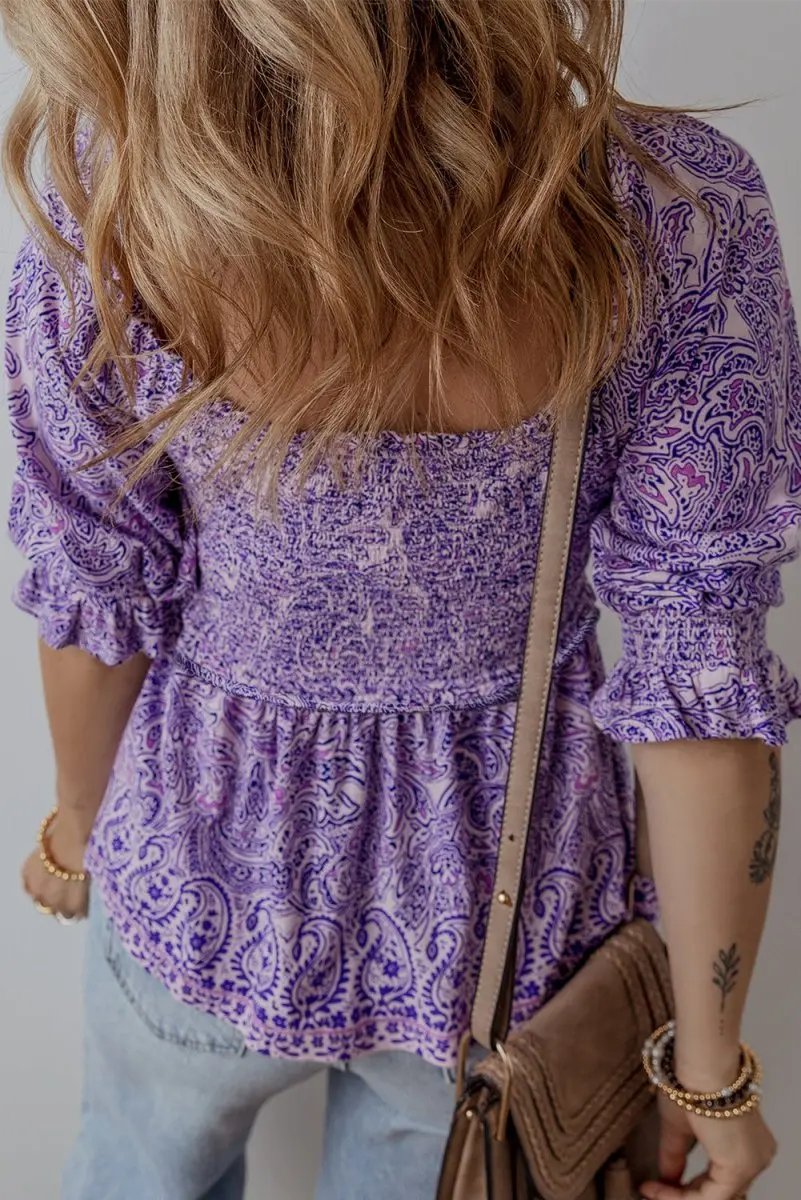 Accessories Love Salve Purple Paisley Blouse Women's Boho Summer Top - Flattering Peplum, Half Sleeve