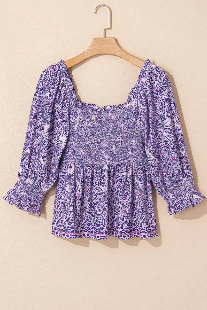 Accessories Love Salve Purple Paisley Blouse Women's Boho Summer Top - Flattering Peplum, Half Sleeve