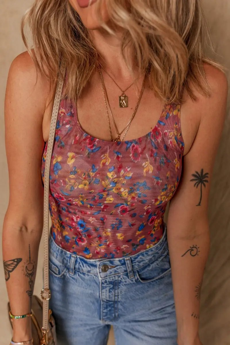 Pants Love Salve Purple Floral Mesh Bodysuit Women's Daily Bohemian Sheer Top