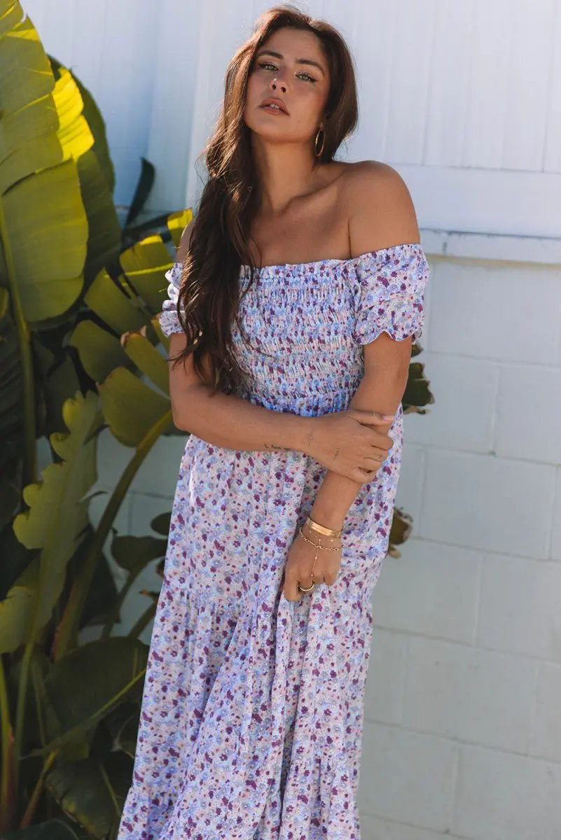 Dresses Love Salve Purple Floral Maxi Dress Women's Wedding Guest A-Line Summer Dress Shirred High Waist