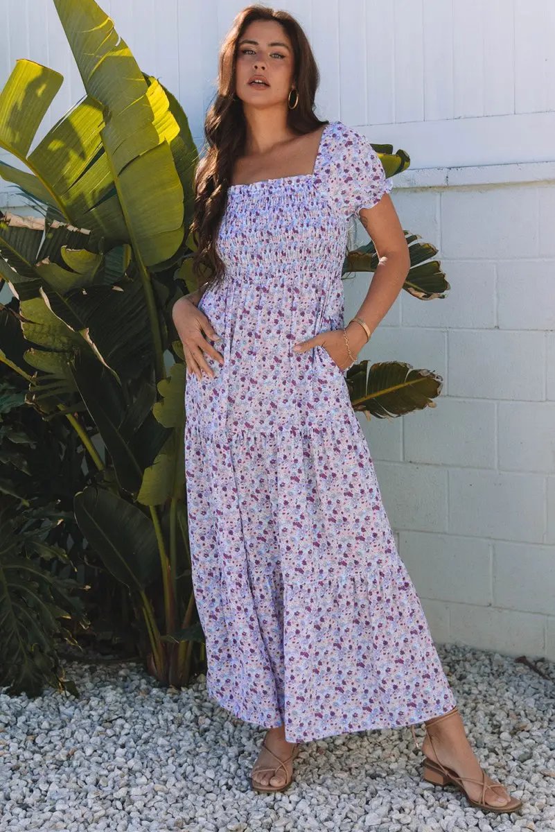 Dresses Love Salve Purple Floral Maxi Dress Women's Wedding Guest A-Line Summer Dress Shirred High Waist