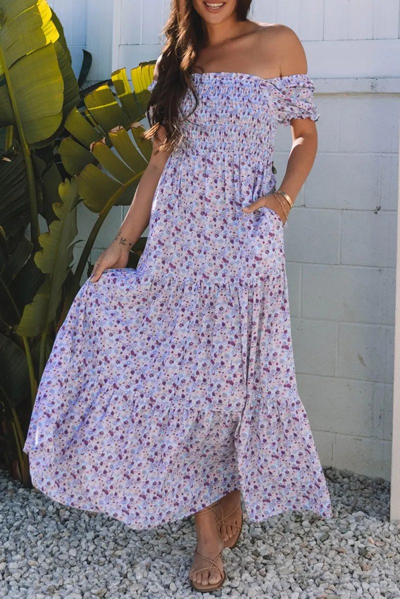 Dresses Love Salve Purple Floral Maxi Dress Women's Wedding Guest A-Line Summer Dress Shirred High Waist
