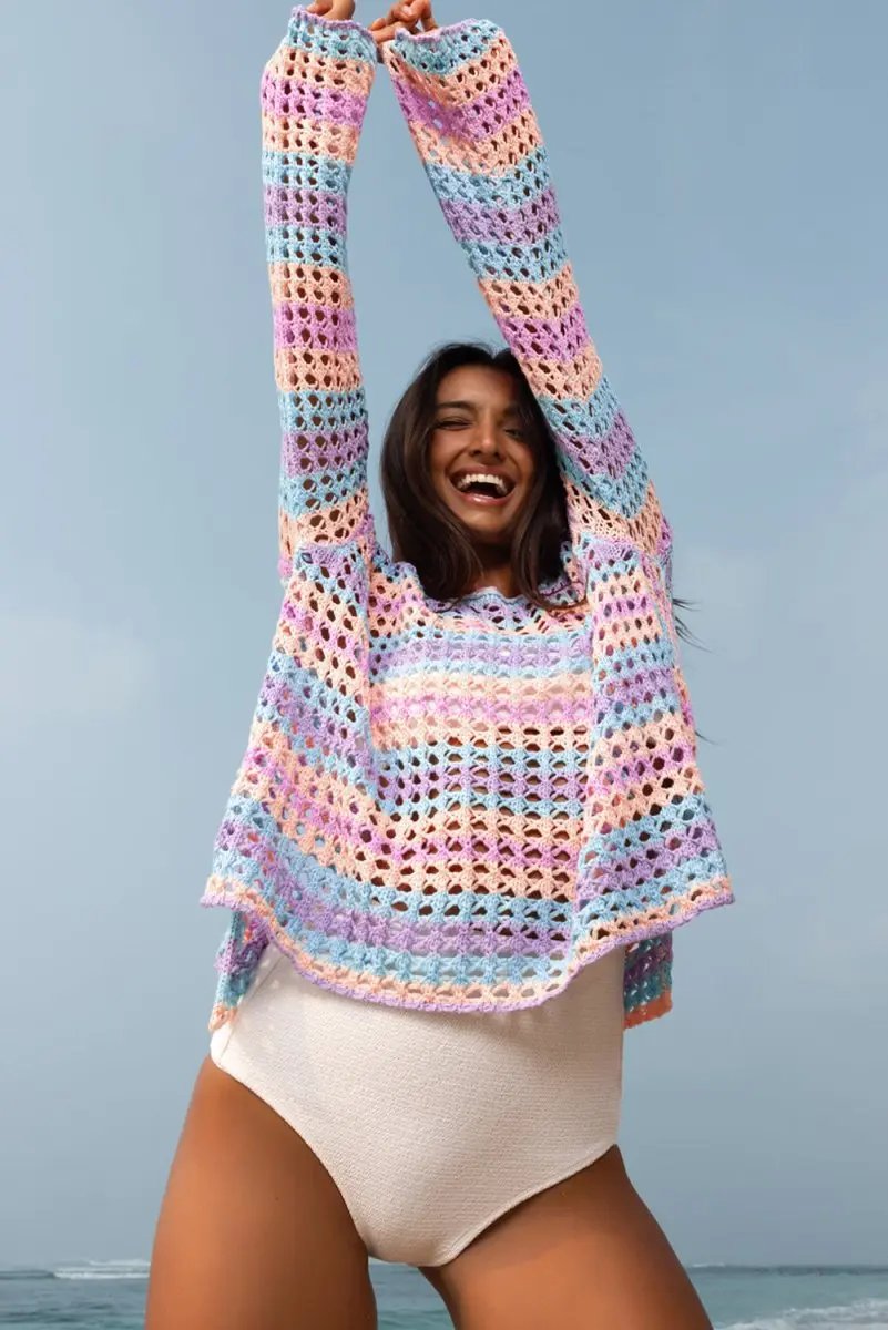 Love Salve Crochet Beach Cover Up Sweater — Purple Stripe Knit