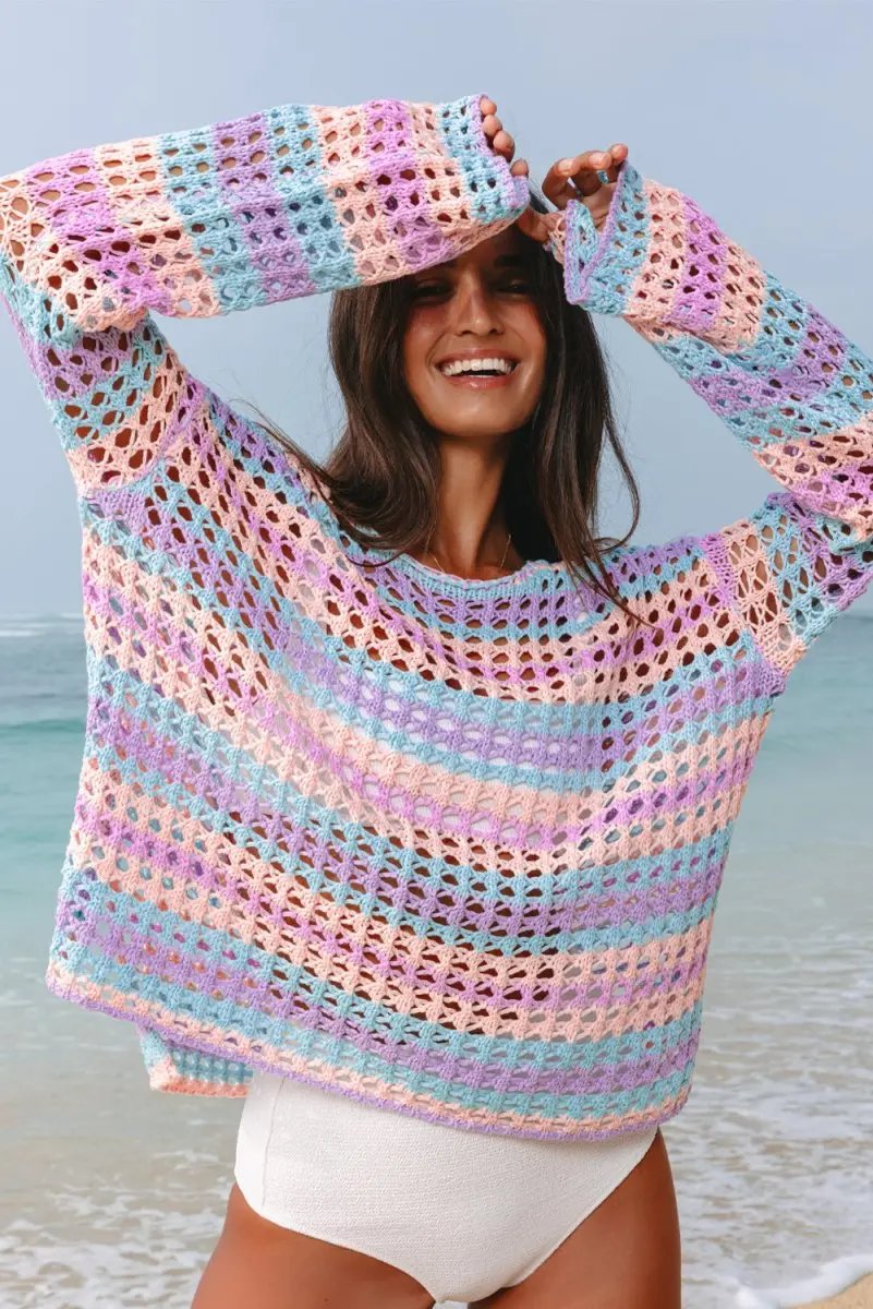 Love Salve Crochet Beach Cover Up Sweater — Purple Stripe Knit