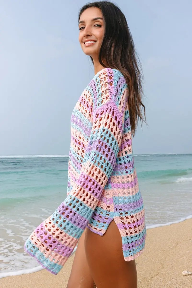 Love Salve Crochet Beach Cover Up Sweater — Purple Stripe Knit
