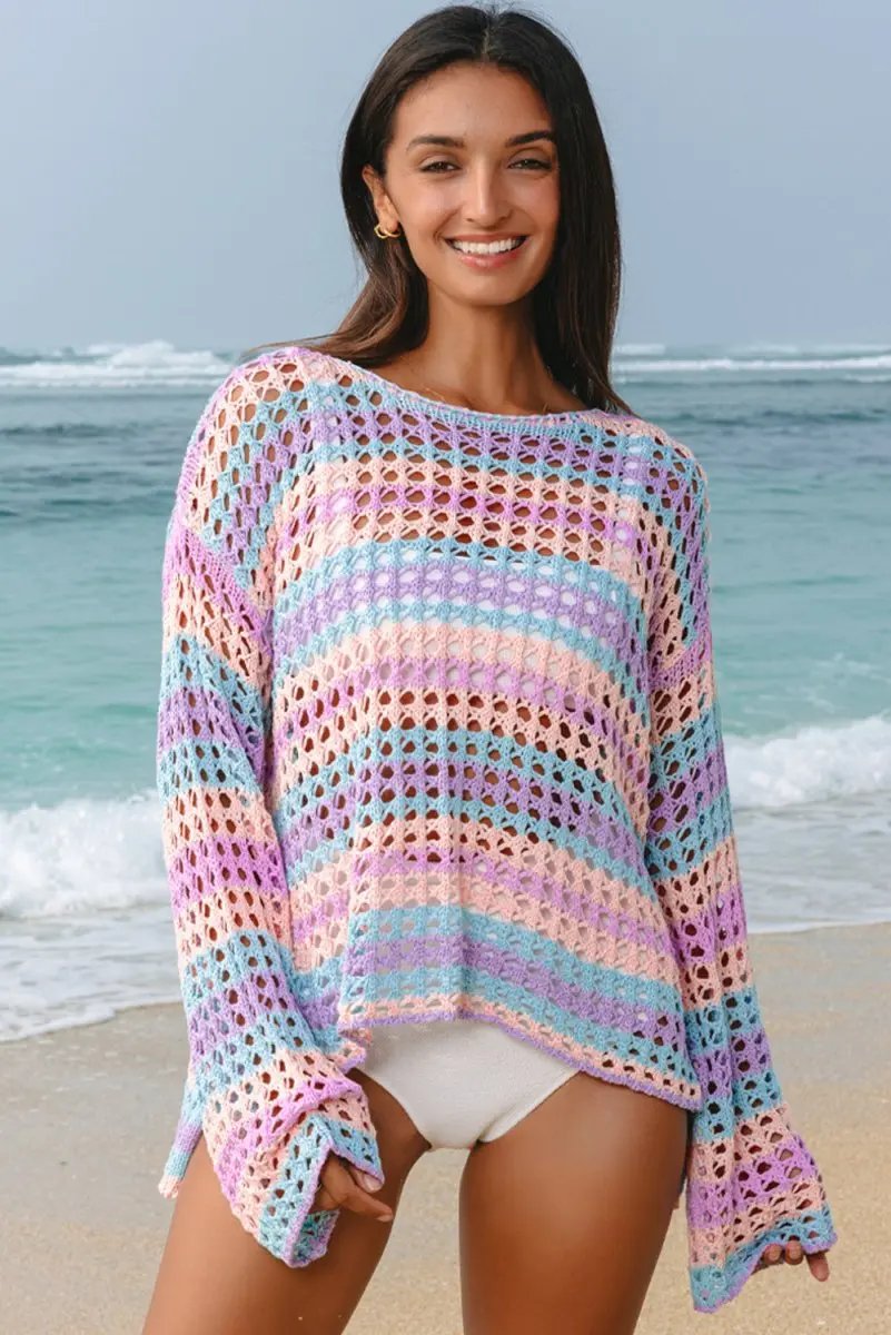 Love Salve Crochet Beach Cover Up Sweater — Purple Stripe Knit
