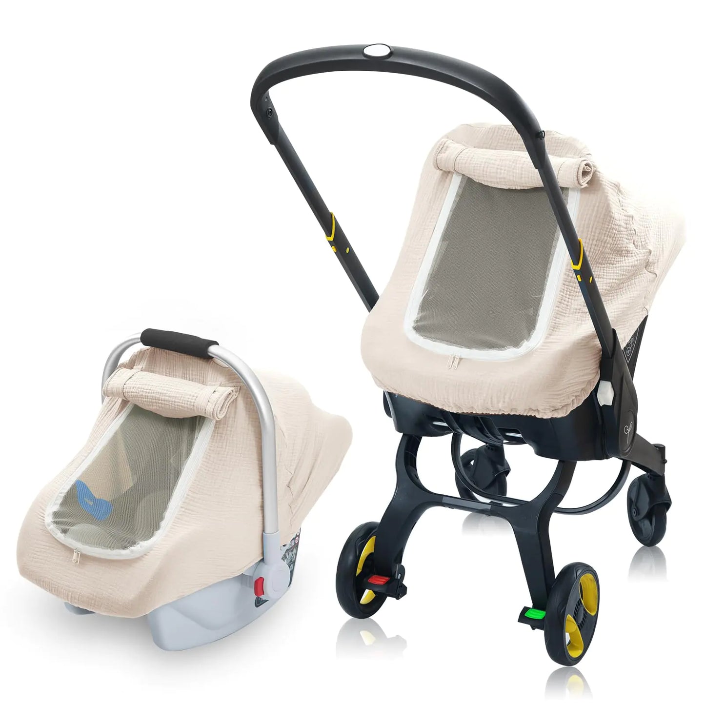 3 Layer Muslin Baby Car Seat Cover Infant Car Seat Cover with Mesh Peep Window Breathable Carseat Canopy for Winter Windproof Carrier Cover with Privacy Sun Shade Baby Stroller Weather Shields