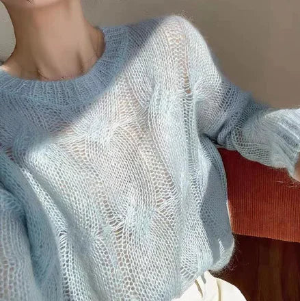 Suéter tipo jersey de punto calado de color liso para mujer