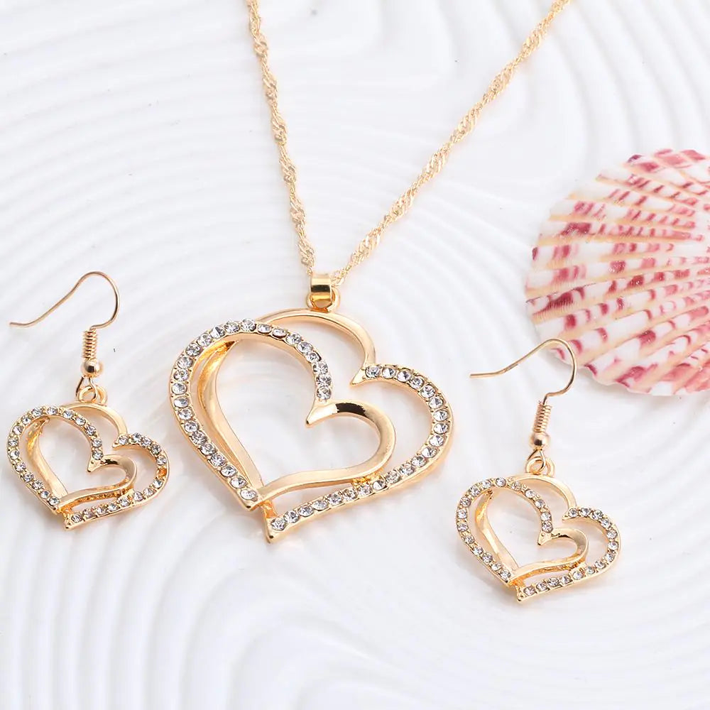 Juego de boda de pendientes y collar con doble corazón