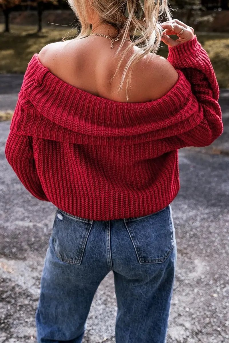 Sweaters Love Salve Racing Red Knit Sweater Women's Off-Shoulder Trendy Knitwear
