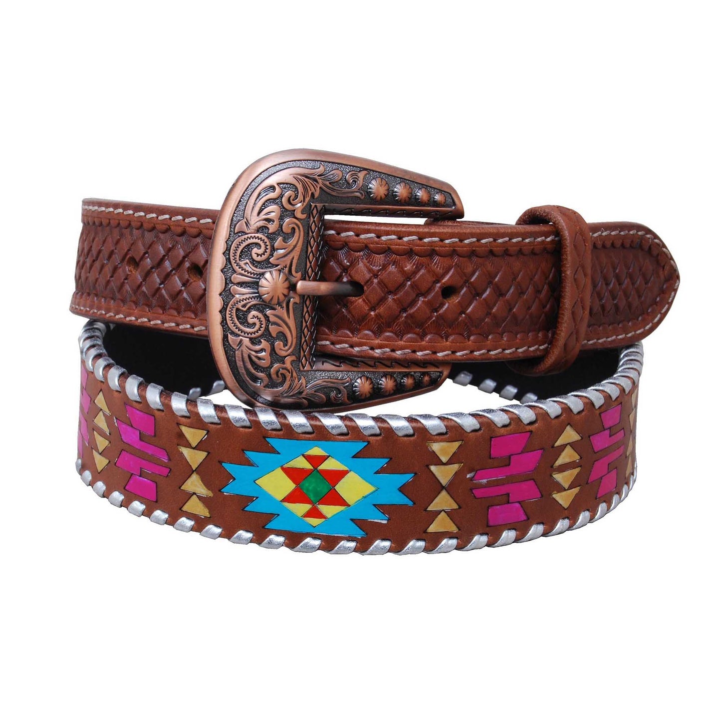 Cinturón de cuero Rafter T para mujer con diseño azteca pintado y pespuntes plateados