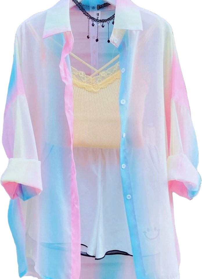 Título: Blusa Extragrande Transparente con Botones Estampado Pastel
