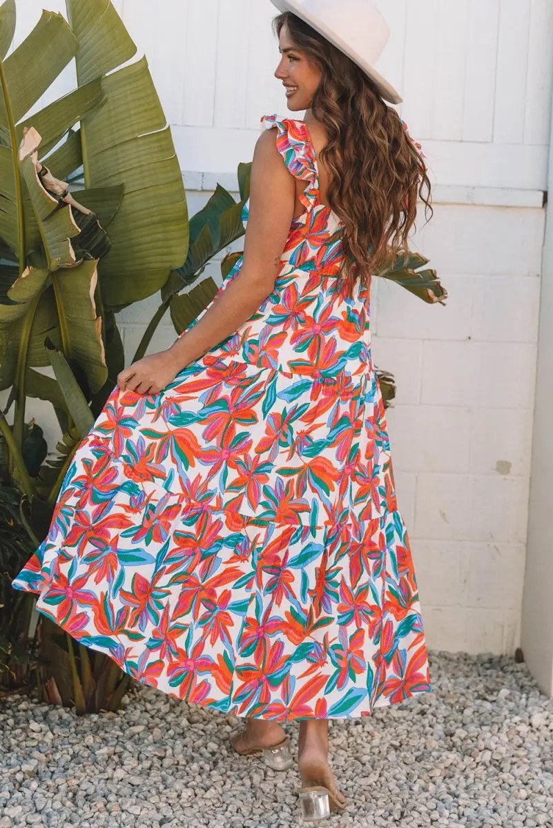 Women's Maxi Dresses Maxi Dress - Red Floral V Neck Ruffle - Summer Beach