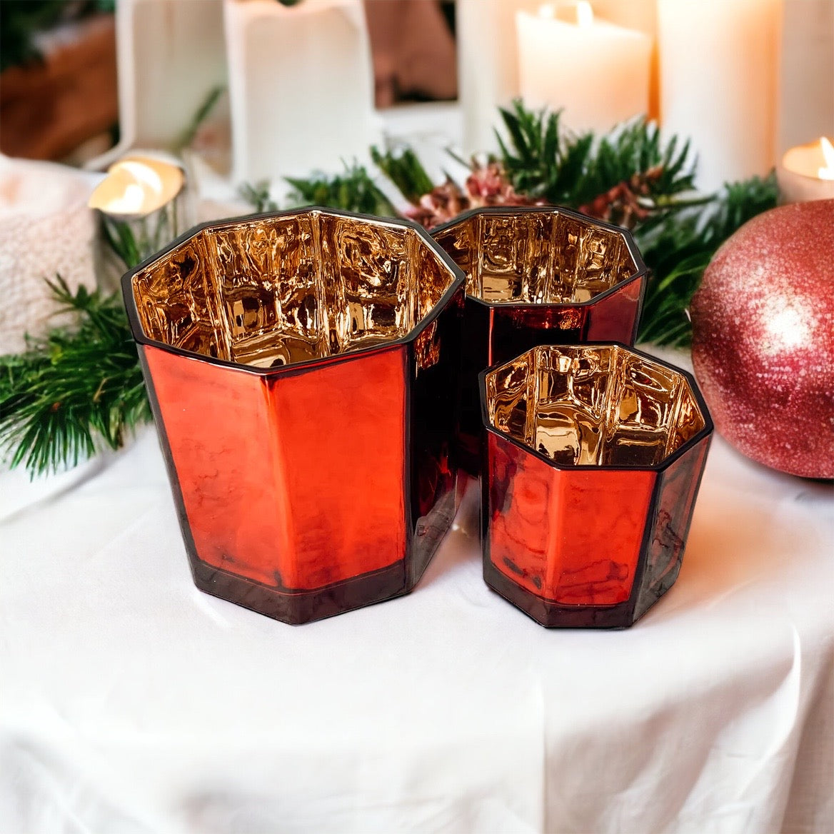 Red Gold Luxury Candle Holder Vase Set - Holiday Tea Light Decor