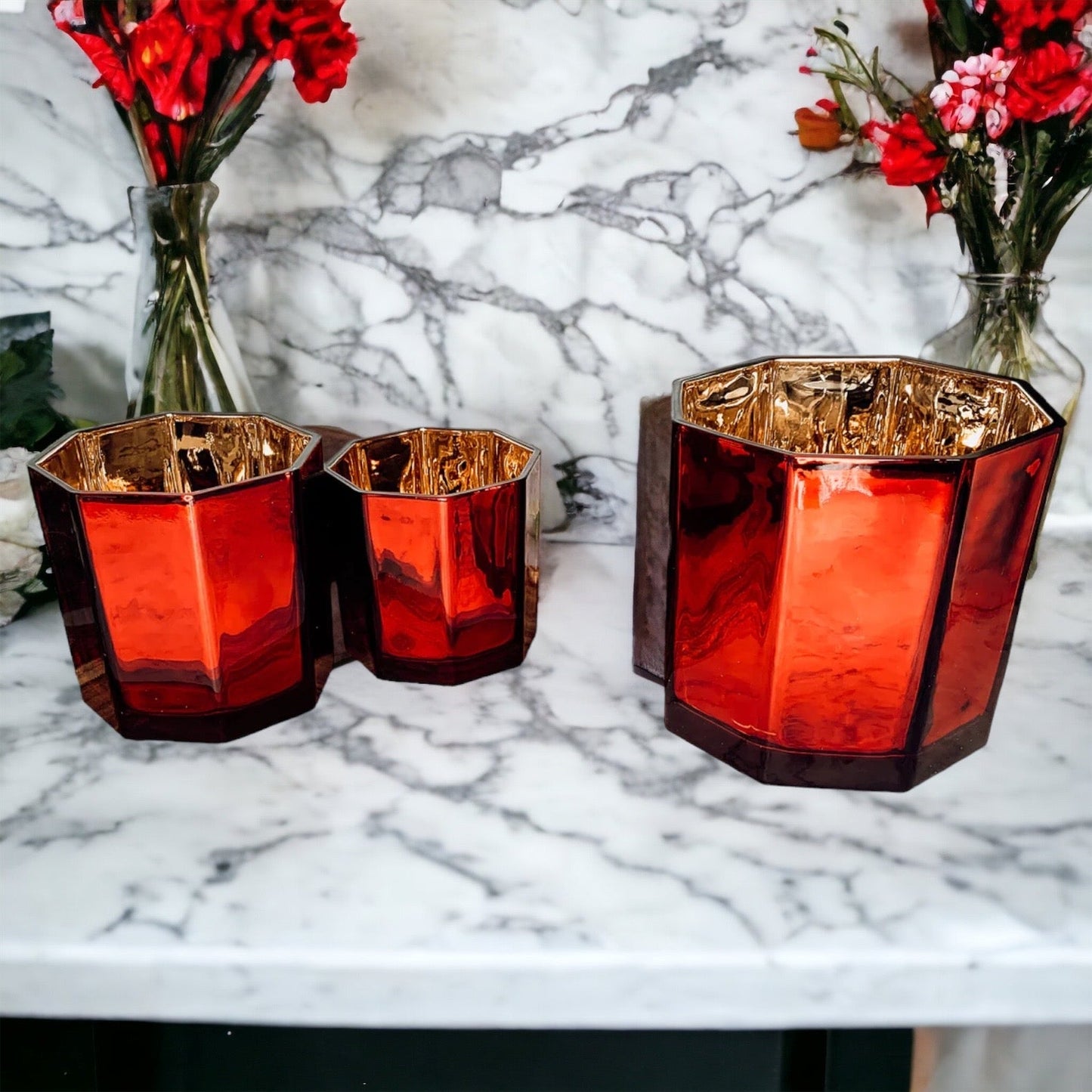 Red Gold Luxury Candle Holder Vase Set - Holiday Tea Light Decor