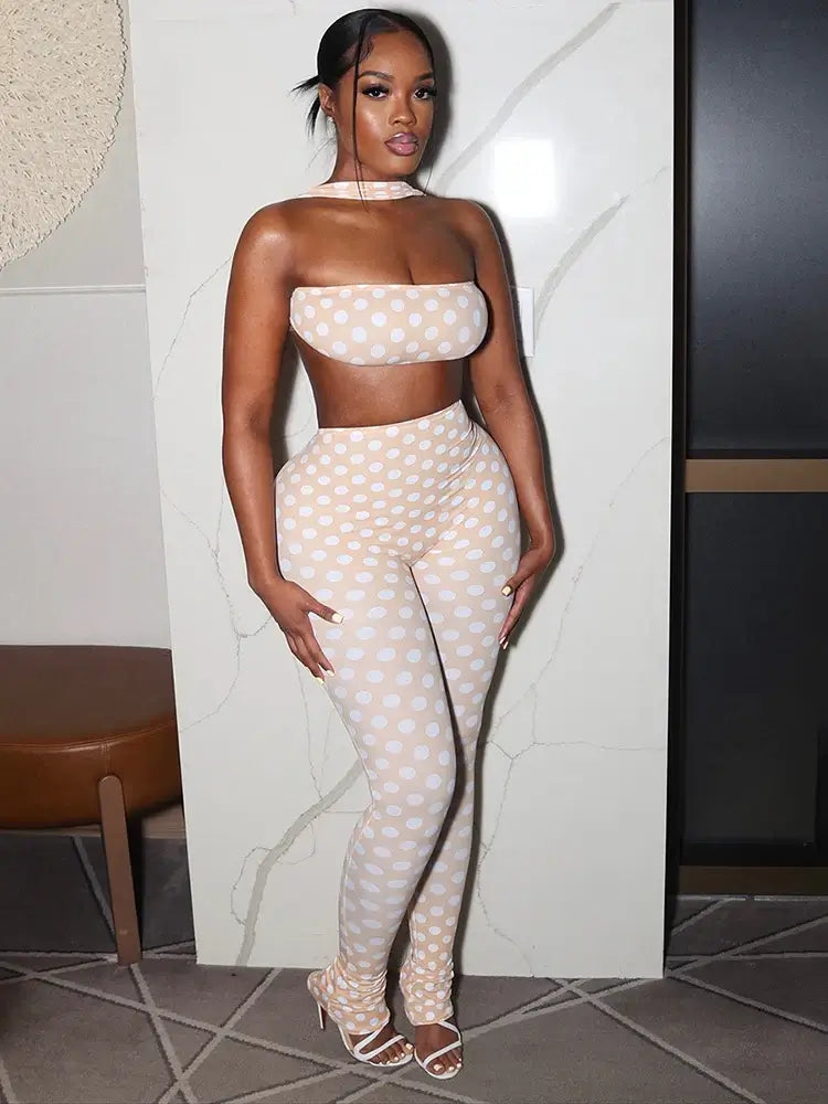 Retro Dot Bandeau Crop Top & High-Waist Leggings Set