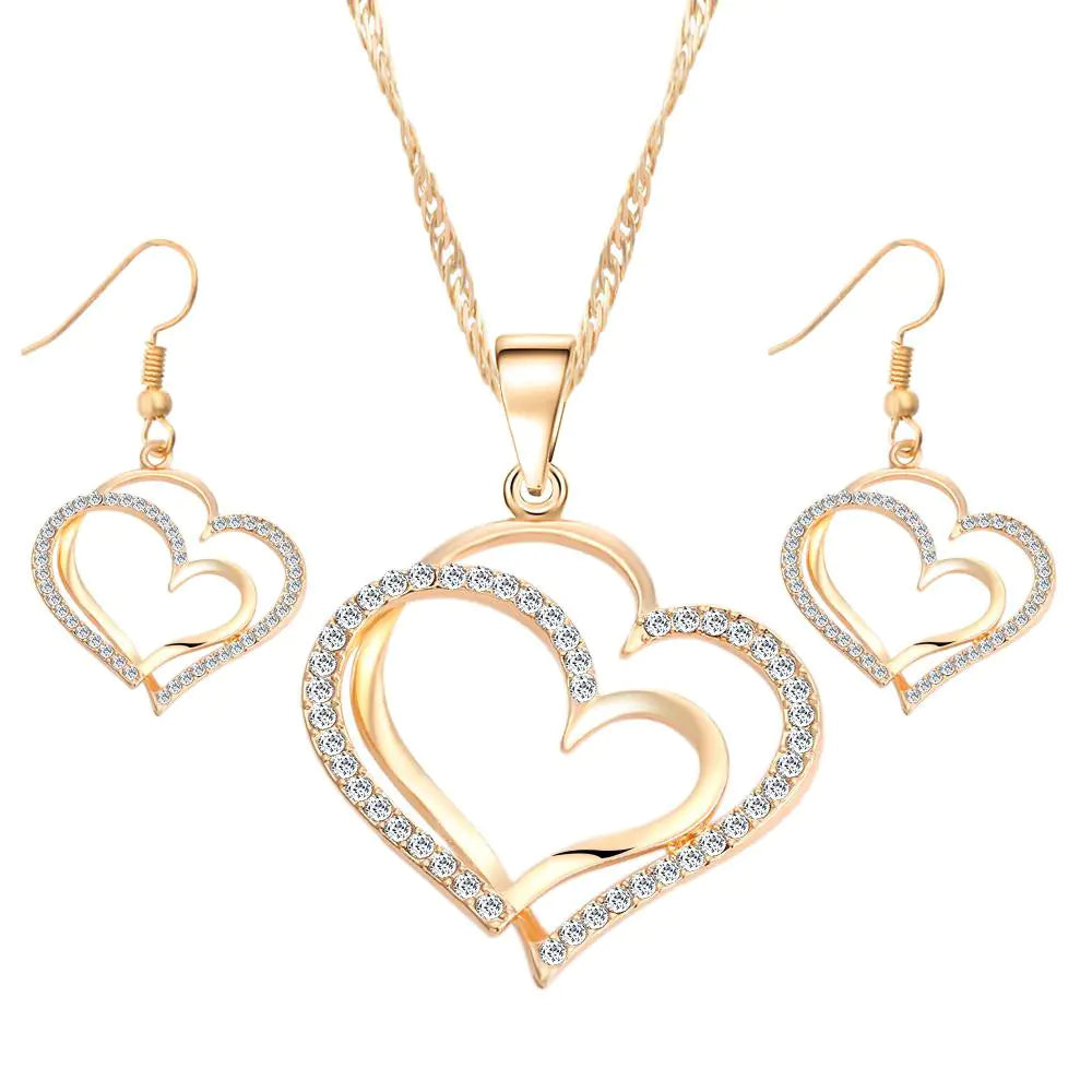Juego de boda de pendientes y collar con doble corazón