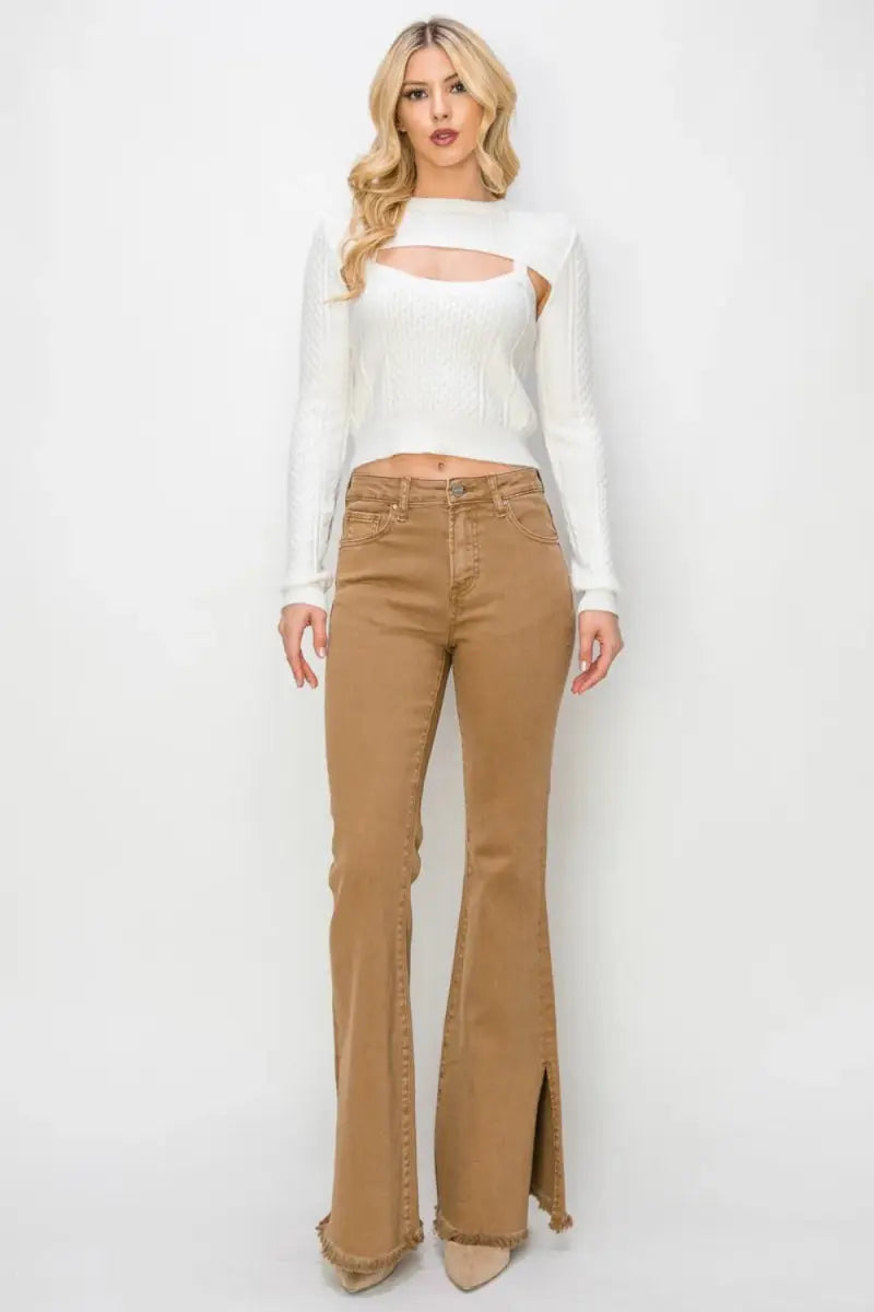 Women's Flare Jeans Flare Jeans - High Waist Side Slit - Everyday Denim